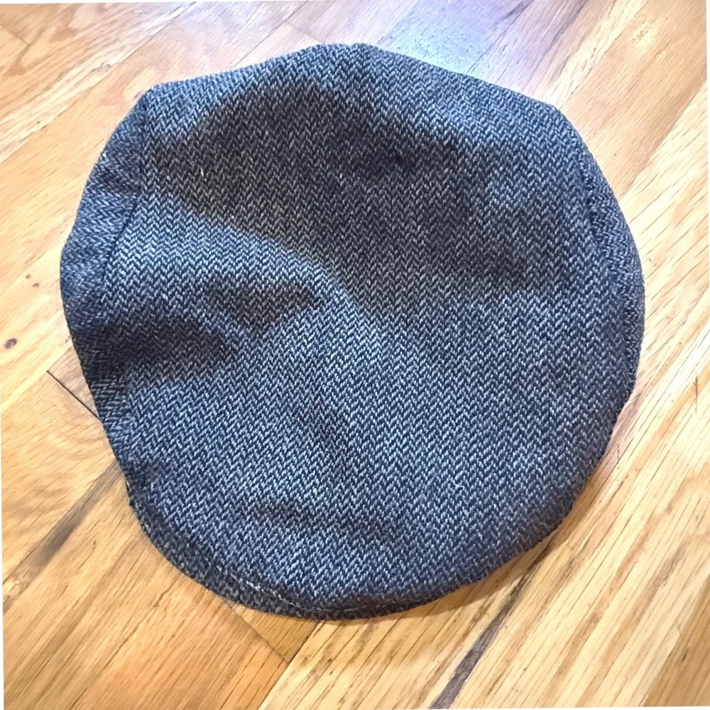 Vintage Grey Herringbone Tweed Flat Cap Newsboy Hat with Fold Down‎ Ear Flaps